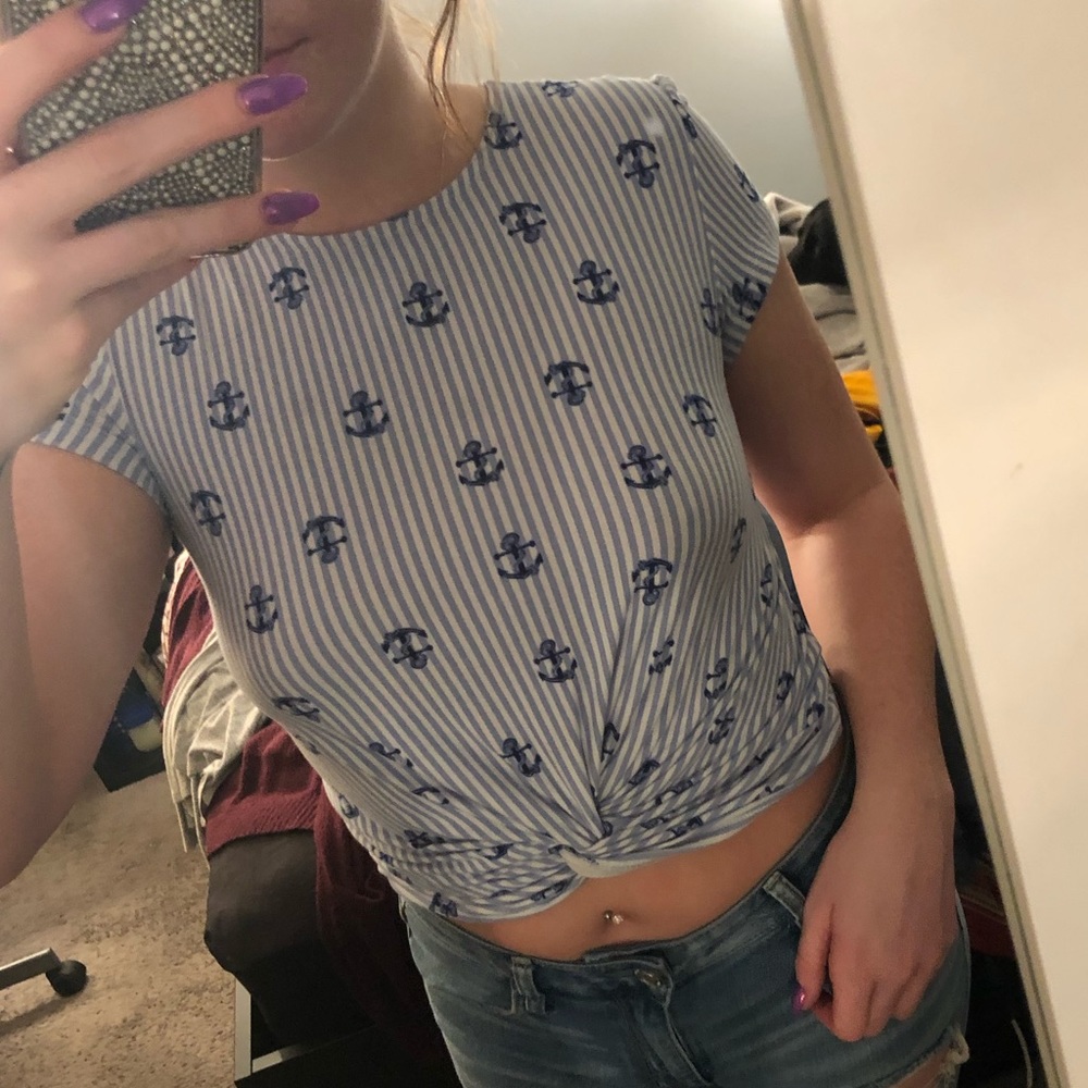 Nautical Striped Anchor Tie Front Top